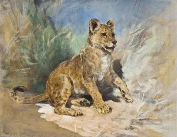 León Painting - Un cachorro de león Heywood Hardy